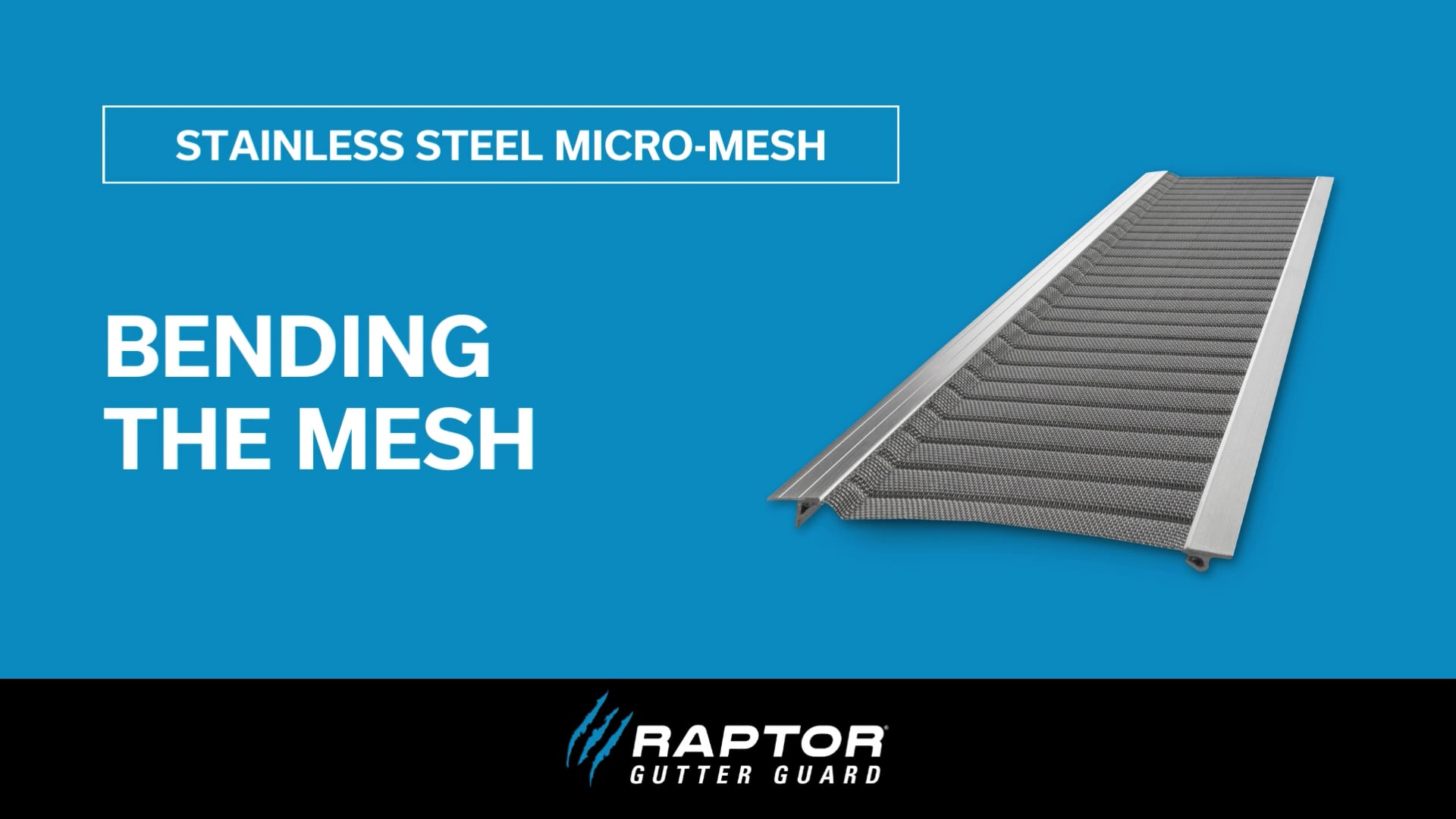 Image showing a stainless steel micro-mesh gutter guard slightly bent on a blue background, highlighting its effectiveness against pine needles. Raptor Gutter Guard logo appears at the bottom. Available on Amazon.