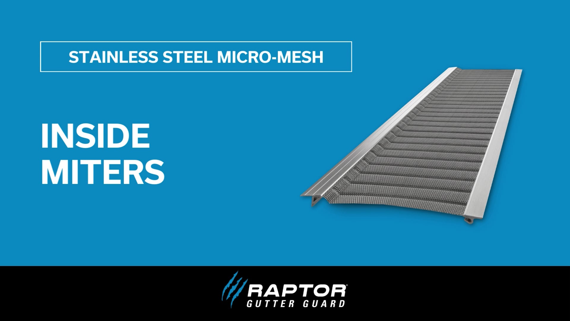 A stainless steel micro-mesh inside miter gutter guard featuring V-Bend Technology is displayed on a blue background with the text 