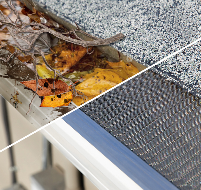 A split view of a roof gutter: the left side shows leaves and debris clogging the gutter, while the right side displays a clean gutter protected by a mesh guard under the roof edge.